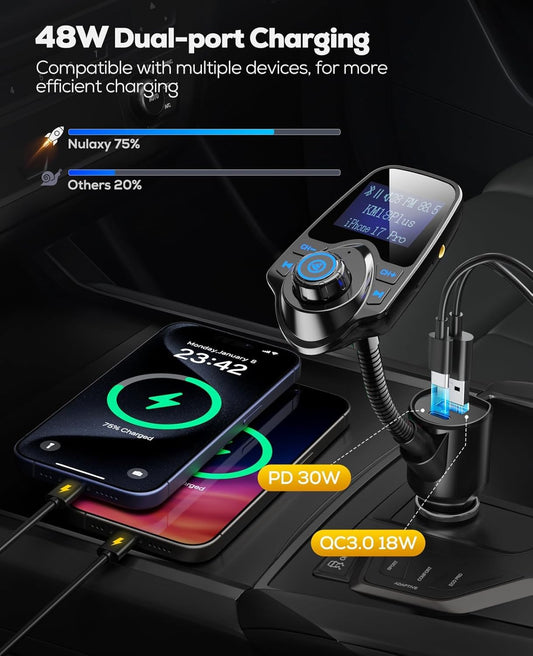 Nulaxy KM18 Plus Bluetooth 5.4 Car Adapter with 48W Fast Charging PD 30W & QC3.0 18W, 1.44" Screen Wireless Radio FM Transmitter with Flexible Gooseneck, Supports Hands-Free Call, TF Card & AUX, Black