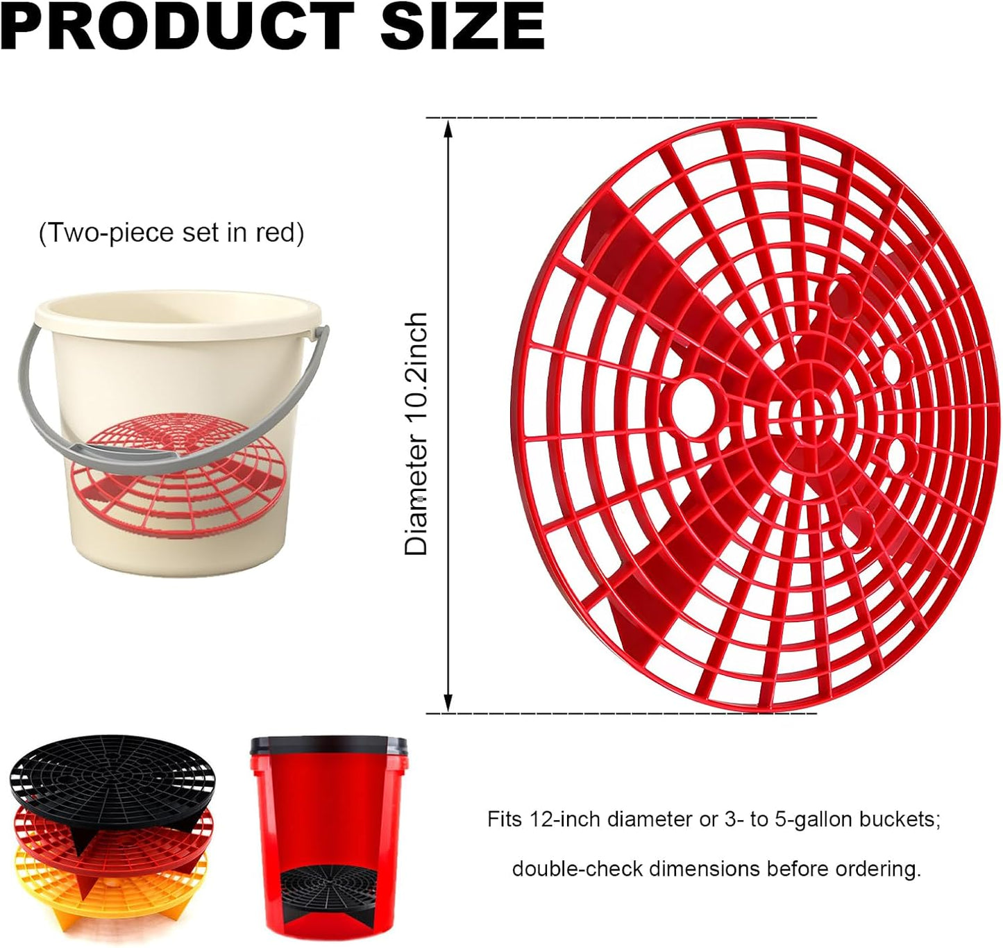 2PCS Car Wash Bucket Insert, Auto Washing Grit Trap Bucket Filter Removes Dirt & Debris, Car Dirt Guard Detailing & Cleaning Tool Fits 12 Inch Diameter or 3-5 Gallon Buckets (Black+Red)