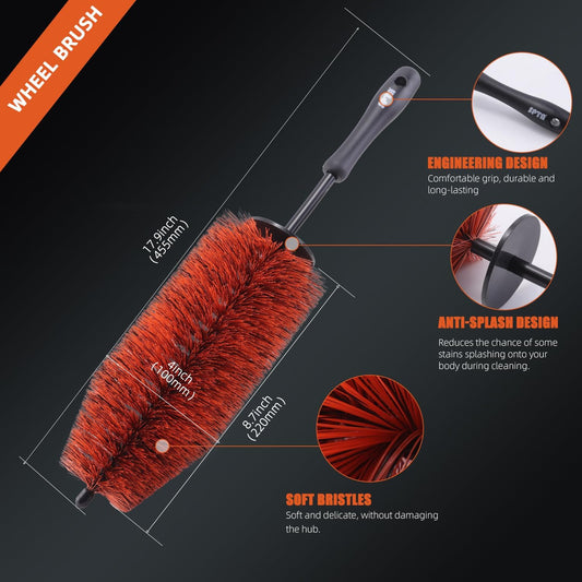 SPTA Car Wheel Cleaning Brush, Premium Detailing Wheel Brush for All Vehicle Types 17.7" Ultra-Soft and Scratch-Free Reusable Rim, Car Detailing Brush Tool for Rims & Tires for Deep Cleaning