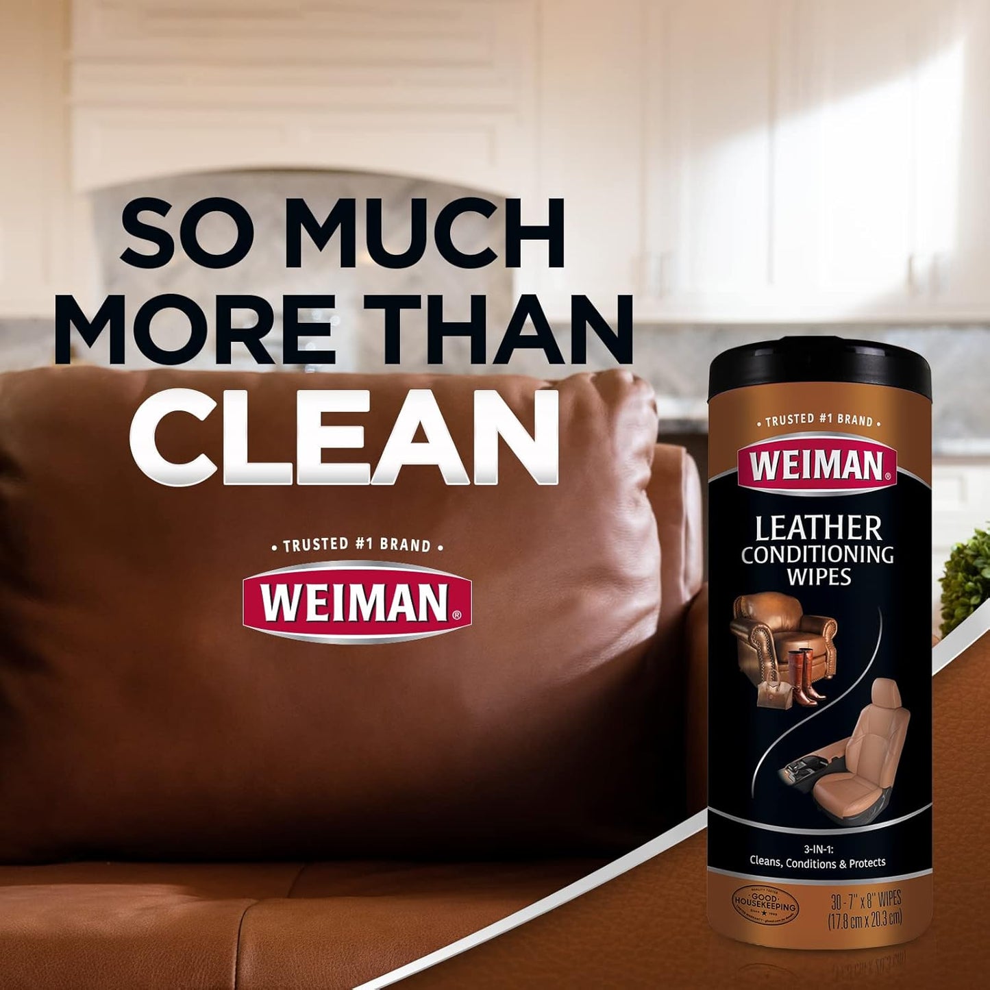 Weiman Leather Cleaner & Conditioner - Cleans, Restores & Protects Leather, UV Protection Prevent Cracking & Fading, For Car Seats, Sofas, Shoes, Bags & All Finished Leather Surfaces, 2 Pack, 60 Wipes