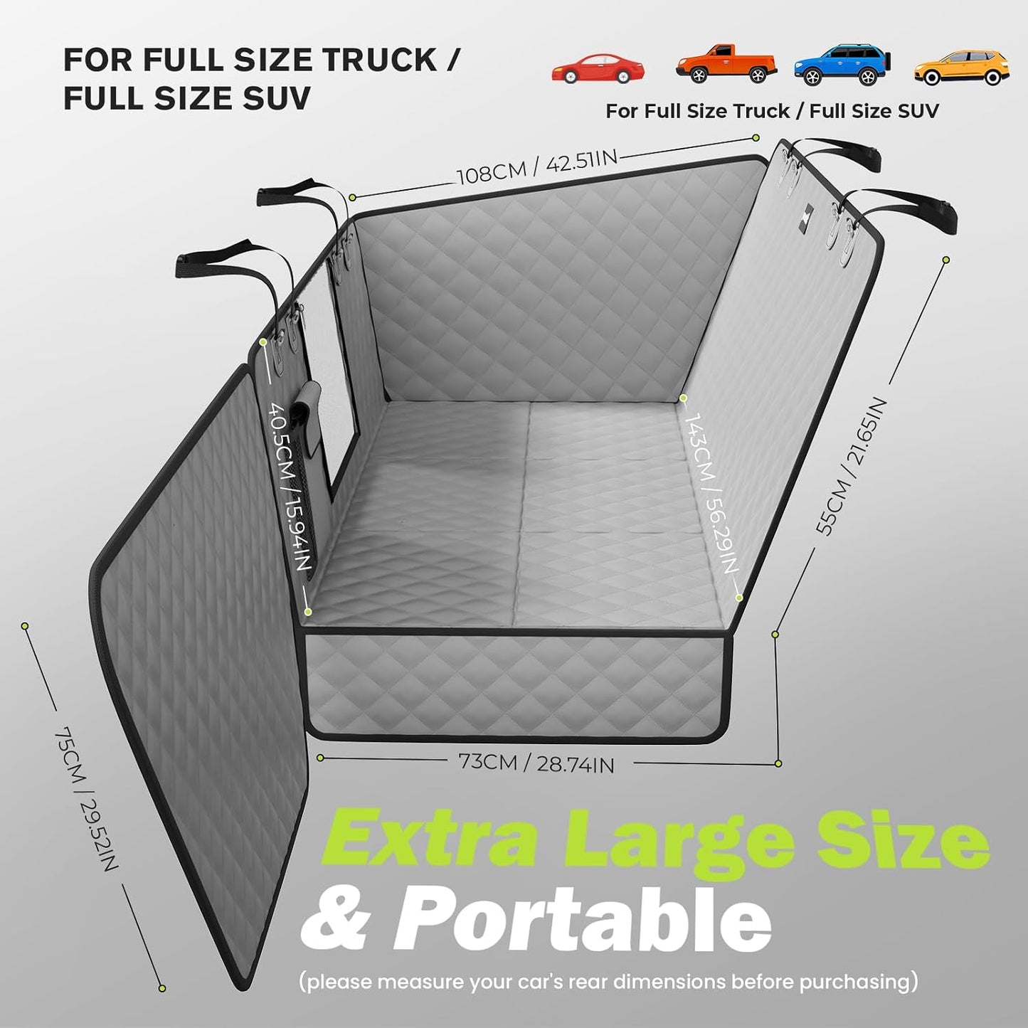 Dog Car Seat Cover for Back Seat, Waterproof Leather Fabric Back Seat Extender for dogs 52.4 * 24.4in, Foldable in The Car, Hard PVC Panels Bottom Support to 330 lbs, for Cars/Mid-Size SUV/Small Truck