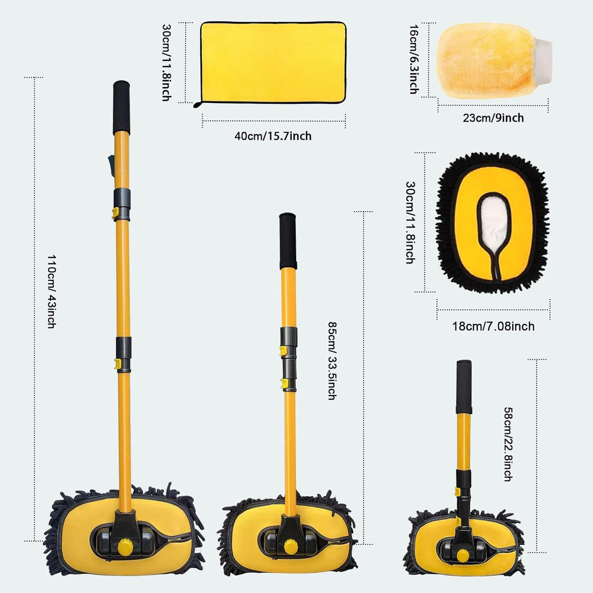 YeewayVeh Car Wash Brush with Long Handle, Microfiber Car Wash Mop with Replaceable Chenille Brush Head, Soft Cleaning Brush with 15° Curved Extension Pole Car Wash Kit for RV Truck Camper, Yellow