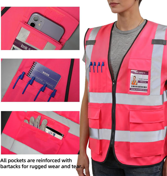 Dib Safety Reflective Safety Vest for Men Women, High Visibility Vest with Pockets and Zipper, ANSI Class 2