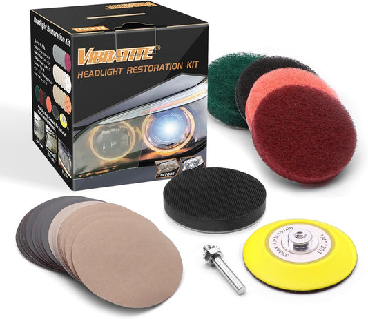Car Headlight Restoration Kit, 3 Inch Car Polishing Sanding Discs with 1/4 Inch Shank Backing, Scouring Pads, Buffing Sponge, Soft Interface, Woolen Buffer, 41PCS