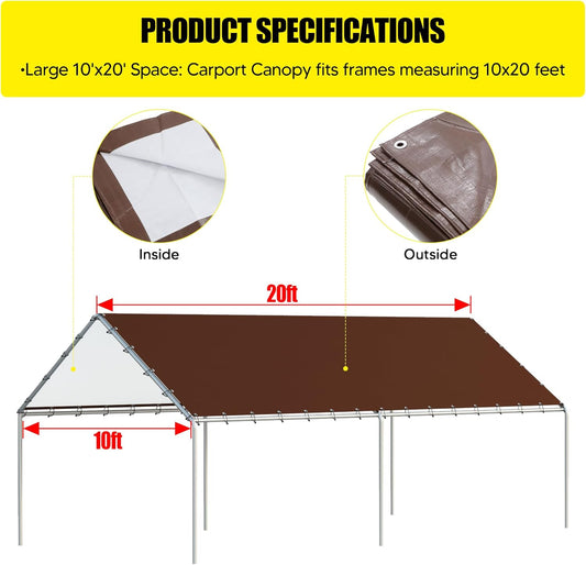 10 x 20 Ft Carport Replacement Canopy Cover Garage Top Tent Shelter Tarp with Free 48 Ball Bungee Cords,White(Only Cover, Frame Not Include)