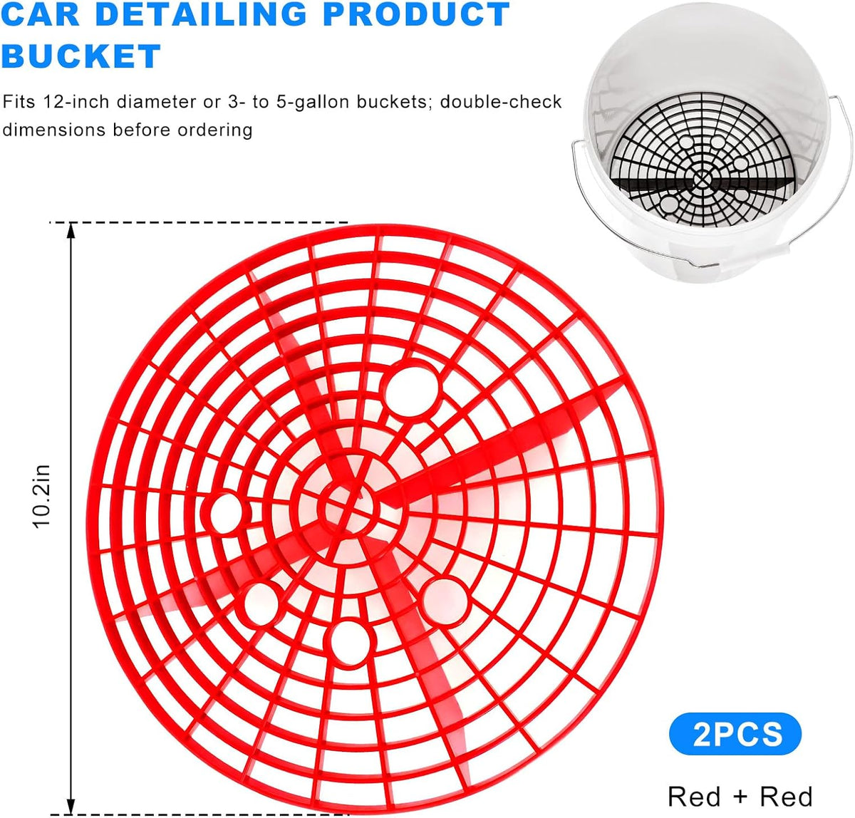 2 PCS Car Wash Bucket Insert, Auto Detail Grit Trap Wash Filter Removes Dirt & Debris, Dirt Guard Insert Fits 12-Inch Diameter or 3-5 Gallon Buckets for Car Detailing Cleaning (Black+Red)