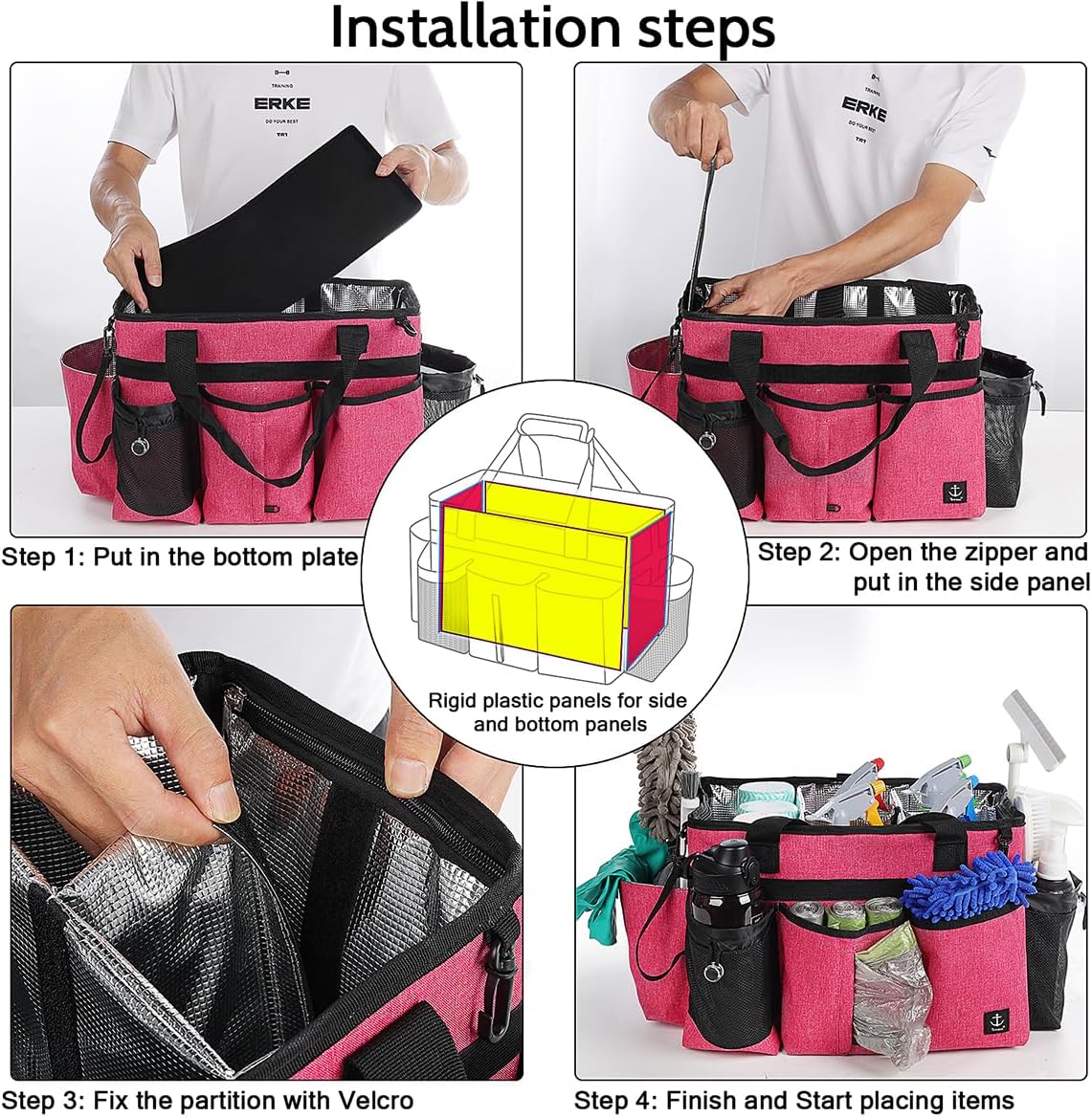 Large Cleaning Caddy Bag Built-in Sturdy Support Board, Cleaning Organizer with Detachable Divider, Cleaning Supply Tote with Adjustable Shoulder Strap&Waist Belt for Cleaners & Housekeeper