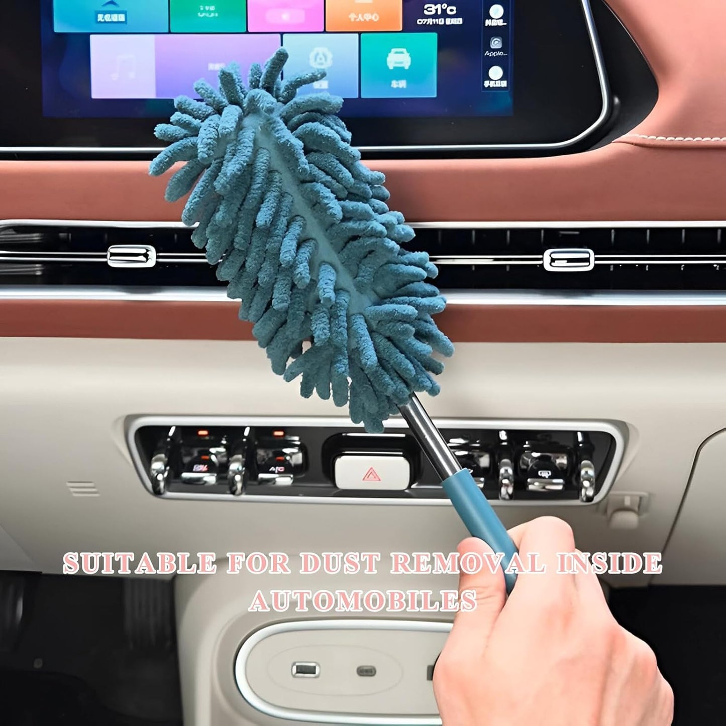 2PCS Car Interior Duster with Extension Pole, 11.8" to 30.5" Retractable Dusters Auto Dash Cleaning Tool, Soft Chenille Hand Washable Dusters for Car Window Furniture Office (Light Pink)