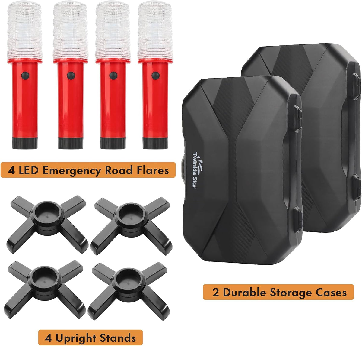 Twinkle Star LED Safety Strobe Road Warning Light, Set of 4 | Emergency Roadside Flares Kit, Highway Beacon Alert Flare, Magnetic Base, Detachable Stand, Solid Storage Case