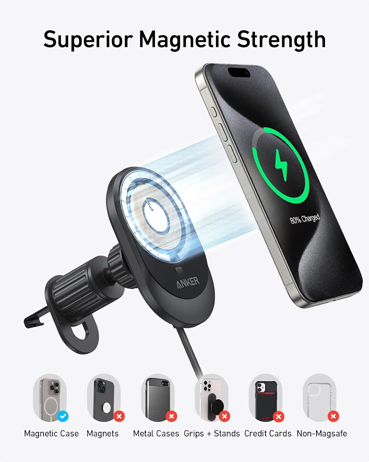 Anker Prime MagSafe Car Mount Charger, Qi2 25W Certified Wireless Car Charger with AirCool, Strong Magnets, Air Vent Mount for iPhone 17-12 Series