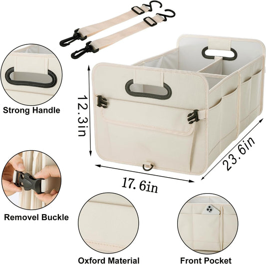titiyiof Trunk Organizer For Suv & Sedan,Car Organizers and Storage, Waterproof Collapsible & Adjustable Straps,Sturdy Car Organization for Car Accessories, Tools,Food,Sundries,2-3 Compartment(Beige)