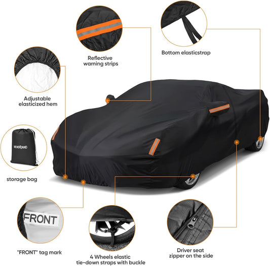 NEVERLAND Sedan Car Cover Waterproof Heavy Duty All Weather Protection Snow Anti-UV Windproof Outdoor Full Car Cover Fit for Automobiles BMW/Mercedes-Benz/Honda(for Car Size:183''L x 70''W x 59''H)