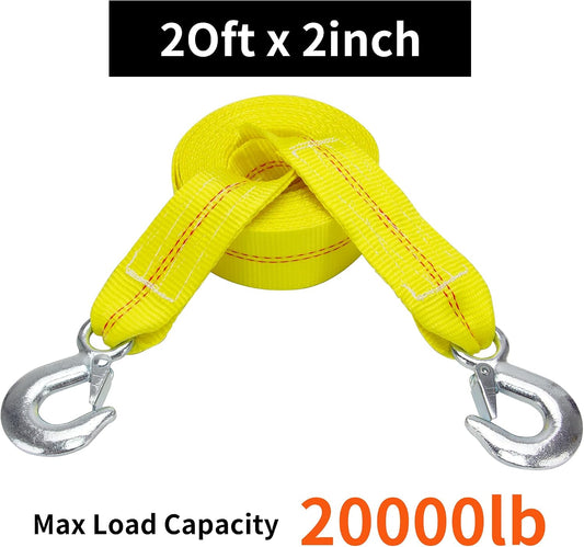 Tow Strap with Hooks 2 Inch x 20 Foot, 20,000 lbs Capacity Tow Rope - Heavy Duty Emergency Towing Straps for Vehicles, Cars, Trucks, ATV, for Roadside Recovery, not for Off-Road Recovery