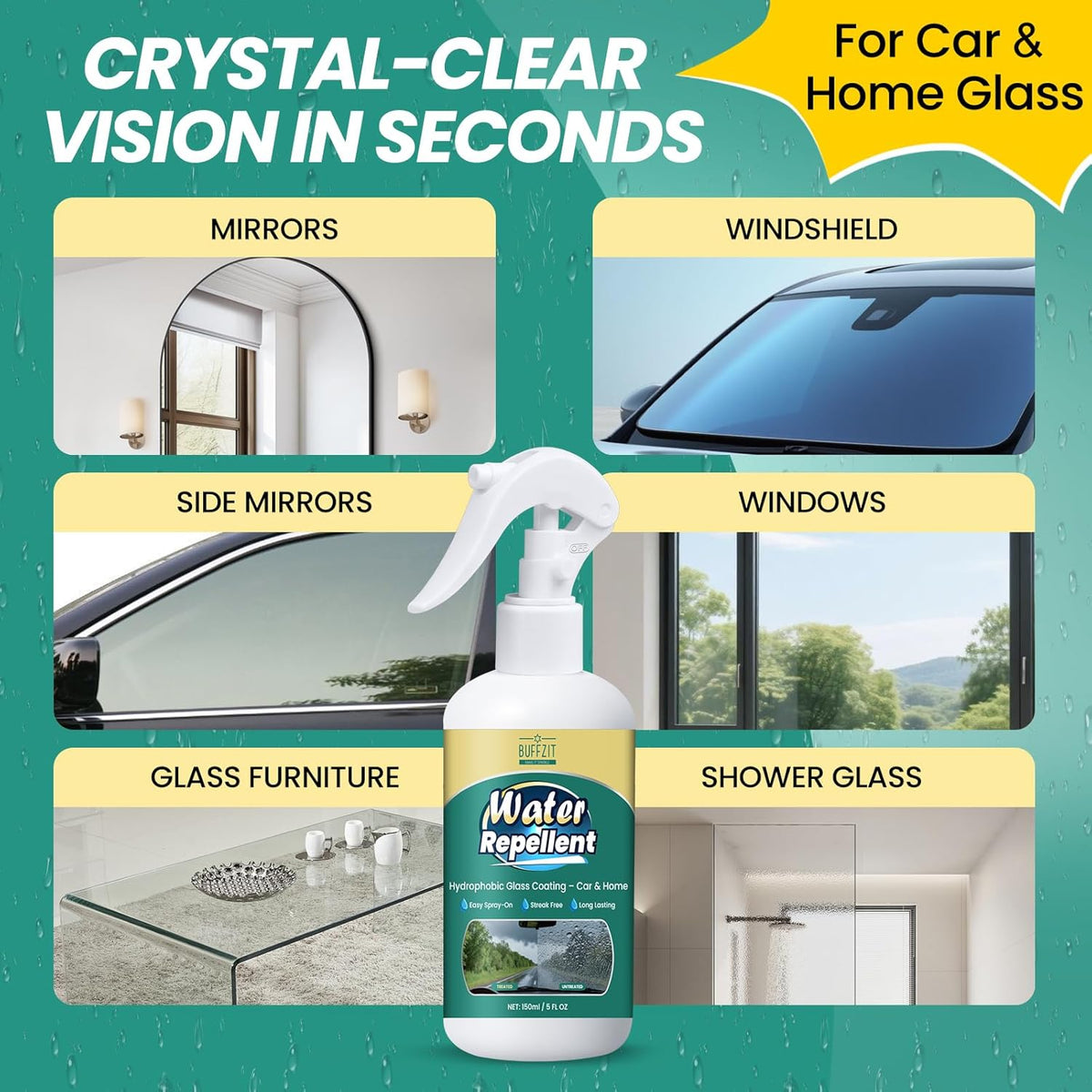 Glass Water Repellent Spray - Hydrophobic Rain Repellent for Car Windshield, Shower Doors, Windows & Mirrors - Long-Lasting Waterproof Treatment, Streak-Free Vision, Prevents