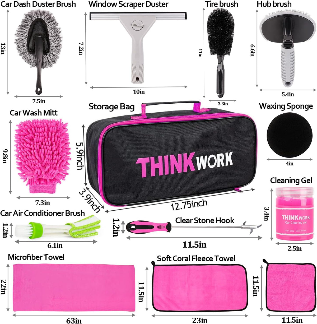 THINKWORK Car Cleaning Kit, Car Detailing Kit Interior Cleaner with High Power Handheld Vacuum, 10Pcs Detailing Brush and Storage Bag, Gray Auto Interior Cleaning Kit for Men