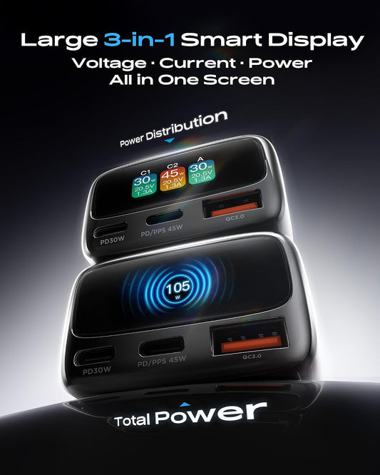 105W USB C Car Charger with Digital Color Display, 3-Port Fast Charging Cigarette Lighter Adapter for iPhone 17/16/15 Pro Max, Samsung S26, Travel Car Accessories Gifts for Men Women + 3FT USB-C Cable