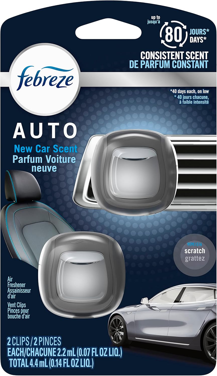 Febreze AUTO Air Freshener, Odor-Fighting Automotive Vent Clip, Scented Car Accessories, Long Lasting for Strong Odors, New Car Scent, 2 Count