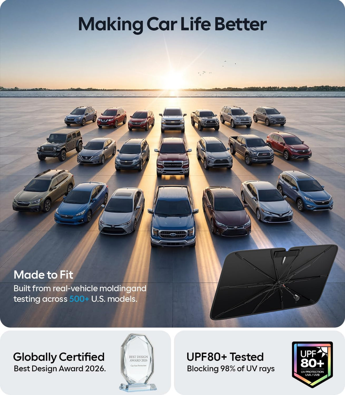 Wigoo Windshield Sun Shade Umbrella, 100% Sun Block, 5th-Gen Ice-Shield Cooling Tech, Reflective Heat Insulation, Portable & Foldable Front Window Sunshade Universal Fit Sedans/SUVs - M: 57"x32"