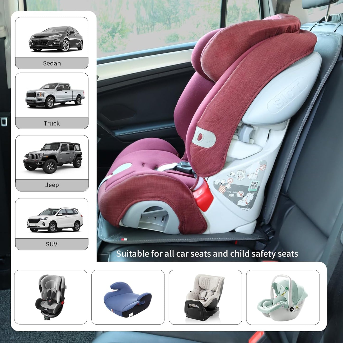 Viaviat Car Seat Protector Leather Waterproof Child Safety Seat Protector Cover with Thick Pad and 2 Large Pockets Durable Kick Mat for All Auto Seat (Beige)