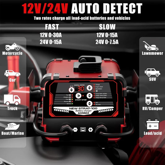 12V/24V Car Battery Charger & Engine Starter – Up to 30A Fast Charging, 130A Cranking Amps, Auto Maintainer, Desulfator, Repair & Winter Mode for AGM, Gel, Deep Cycle Batteries