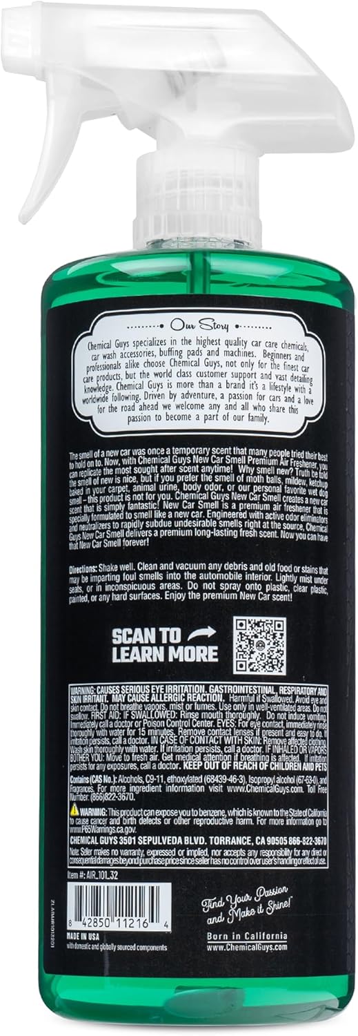 Chemical Guys New Car Smell Air Freshener and Premium Odor Eliminator Refreshes & Neutralizes Odors, Great Car Fresheners for Trucks, SUVs, RVs, and More - 16 Fl Oz (Pack of 2)