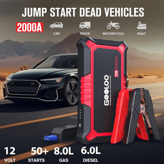 GOOLOO New GP2000 Jump Starter, 12V 2000A Car Jumper Starter(Up to 8.0L Gas, 6.0L Diesel Engines), SuperSafe Portable Battery Charger, Auto Lithium Box Booster Pack with USB Quick Charge, red