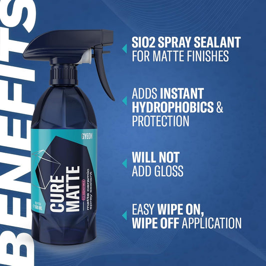 GYEON Cure Matte Redefined Hydrophobic Ceramic Spray Sealant for Matte Paint Vinyl PPF Vehicles with Silica Protection and Water Beading Long‑Lasting Matte Finish
