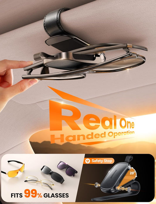 JOYROOM 2026 Unrivaled Stability Sunglass Holder for Car Visor, Magnetic Leather Sunglasses Holder Clip, One Hand Operation Car Glasses Holder, Universal Visor Clips for Cars Accessories, Black
