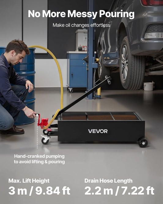 VEVOR Low Profile Oil Drain Pan, 20 Gallon Capacity, Rolling Oil Drain Pan with Manual Pump, 7.2 ft Hose & T Folding Handle, Leak-Proof & Corrosion-Resistant, Fit for Cars, SUVs, Trucks, ATVs, Red