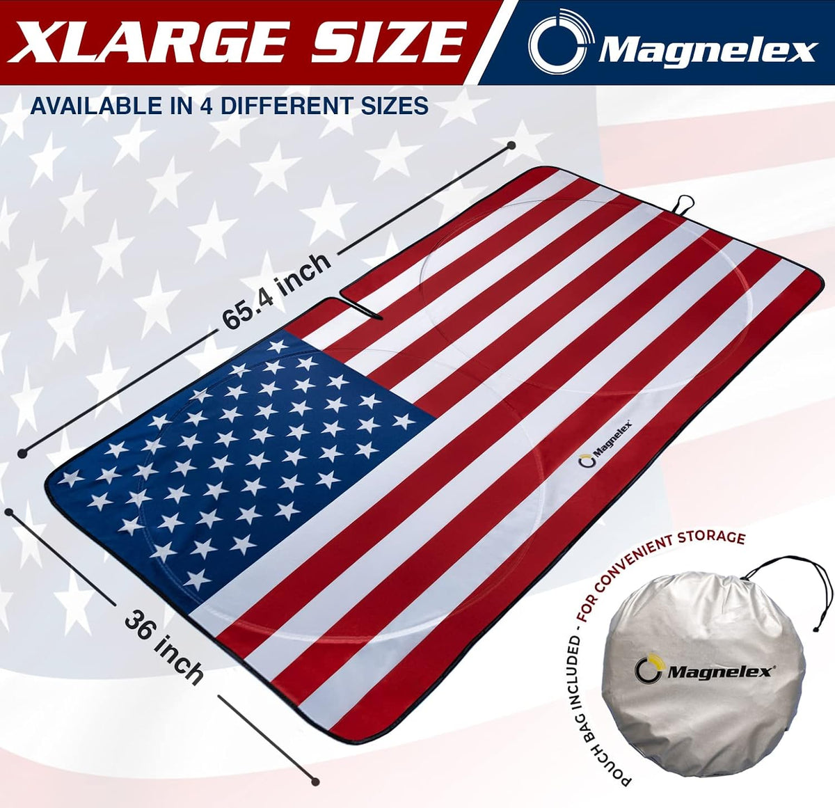 American Flag Windshield Sun Shade, High-Resolution Car Shield with Mirror Cut-Out for Automotive Interior Protection Heat Reduction, Folding Sunshade Storage Bag - Medium, Original