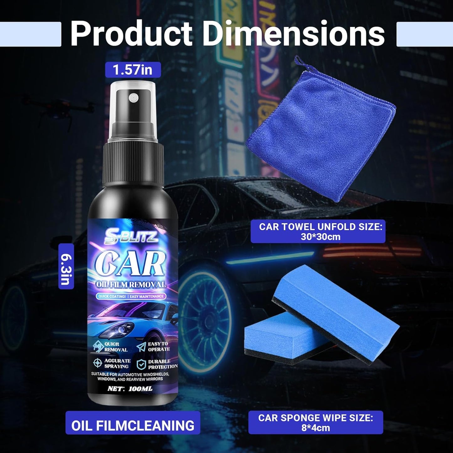 Car Oil Film Removal Spray, Clear Vision Glass Cleaner, 100ml Clear Vision Windshield Cleaner with Microfiber Cloths, Quick Coating for Automotive Windows and Rearview Mirrors