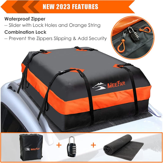 MeeFar Rooftop Cargo Carrier Car Roof Bag 21 Cubic Feet 100% Waterproof Car Top Carrier, Fits All Vehicle with/Without Rack,Include Anti-Slip Mat,10 Reinforced Straps,6 Door Hooks,Luggage Lock