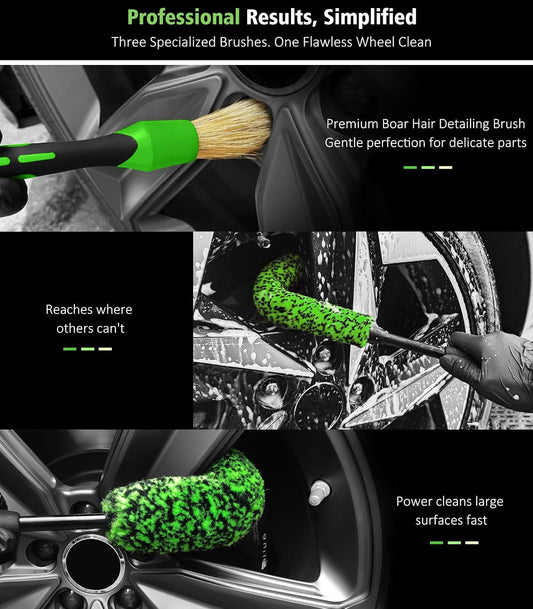 YeewayVeh 3PCS Quick Car Wheel Brush Kit, 2-Size 360° Bendale Rim Cleaner Brushes, Boars Hair Detailing Brush, Fast Scratch-Free Cleaning for Car Wheels, Motorcycle, Green