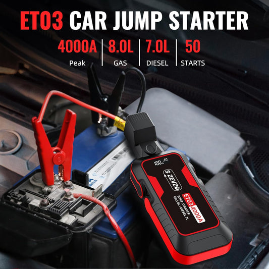 S ZEVZO ET03 4000A Car Jump Starter Jump Starter Battery Pack for Up to 8.0L Gas and 7.0L Diesel Engines, 74Wh Portable 12V Jump Box with USB Ports, LCD Display, Storage Case, and LED Light