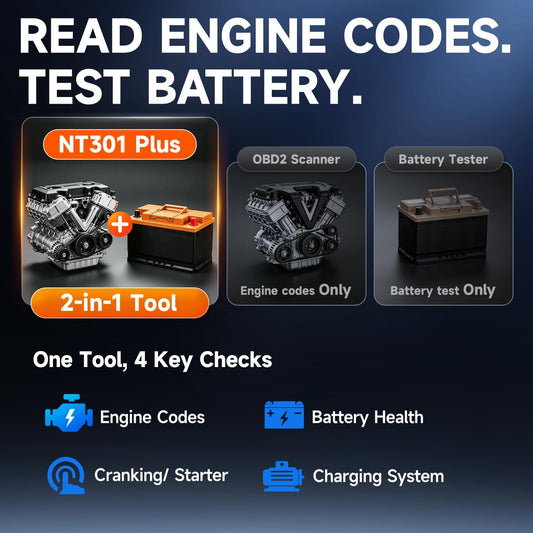 FOXWELL 2-in-1 NT301 Plus OBD2 Scanner with 12V Battery Tester, Check Engine Light Code Reader, Car Battery/Starter/Charging System Test, Live Data Diagnostic Tool for 1996+ OBDII Vehicles