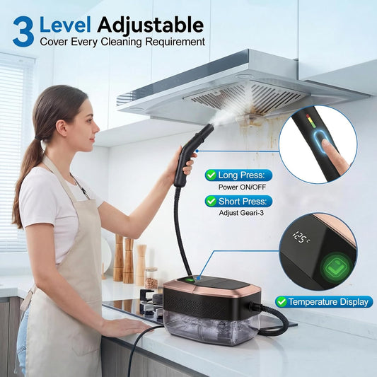 Steam Cleaner, 15s Heat-Up, 1.9QT Tank, 3Level Adjustable Handle, with 16PCS Accessories, Portable Steamer for Cleaning, Steam Cleaner for Home, Car Detailing, Dirt, Grease, Grout, Tile (blackgold)