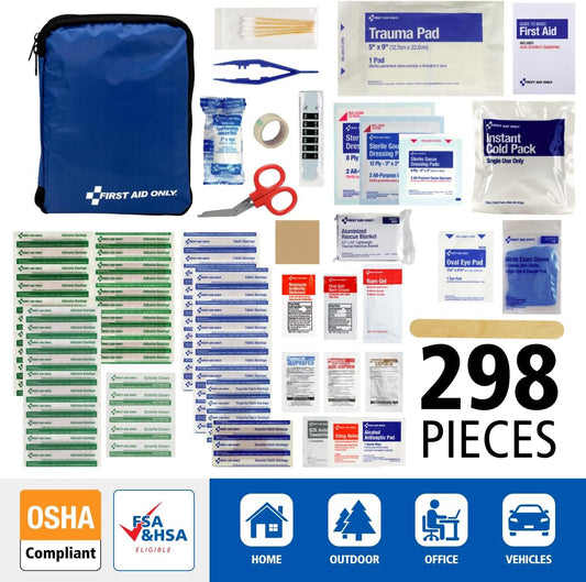First Aid Only 298 Piece All-Purpose Emergency First Aid Kit for Home, Office, Car, Apartment, Dorm, and Camping, Travel-Friendly Compact Pouch Fits in Backpacks, Suitcases, Cabinets, and Drawers