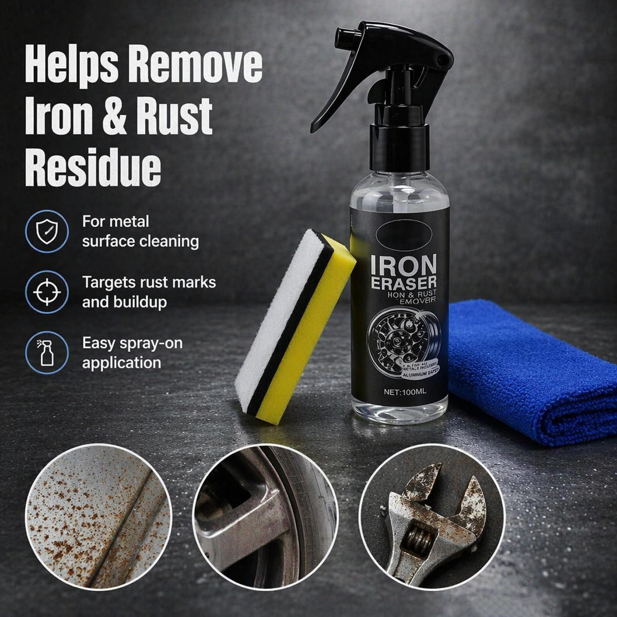Iron Eraser Rust Remover Spray for Car Wheels & Paint, 100ML Rust And Brake Dust Cleaner For Wheels & Paint, Fast Acting Automotive Iron Fallout Towel + Sponge
