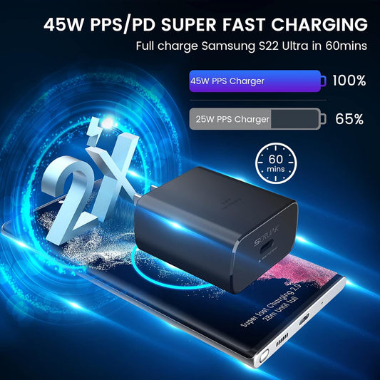 S24 S25 Ultra Charger Type C, SCRUAK 45W PPS Super Fast USB-C Wall/Car Charger for Samsung Galaxy S25 Ultra/S25+/S25/S24 Ultra/S24+/S23/S22/S20/Note 20/Note 10+(with 2X 3.3FT 5A Type C Cable)