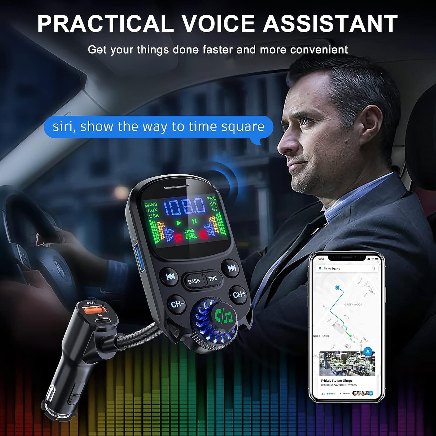 Bluetooth 5.3 FM Transmitter for Car SOARUN Bluetooth Car Adapter PD30W & USB Port Fast Charge, HiFi Treble & Bass Player, 1.6" Display Hands-Free Calling Truck Radio with AUX Input/Output, TF Card