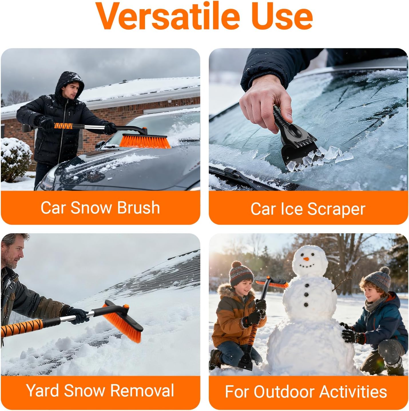 33" Extendable Snow Brush and Ice Scraper for Car Windshield, 2-in-1 Car Snow Brush & Ice Scraper with 360° Pivoting Brush Head and Comfortable Foam Grip for SUV Trucks Sedans,Orange 