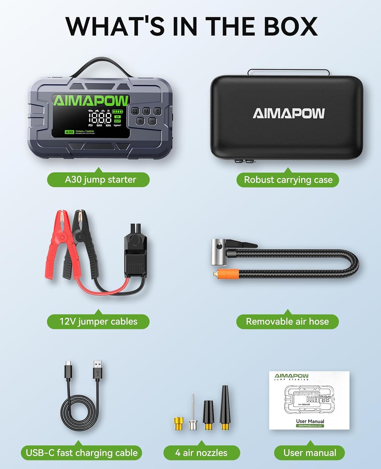 Car Battery Jump Starter with Air Compressor 8000A 160PSI, Jump Starter Portable (All Gas/12L Diesel), 12V Car Jump Starter with Inflator, Jump Box Quick Charge and 270°LED Light