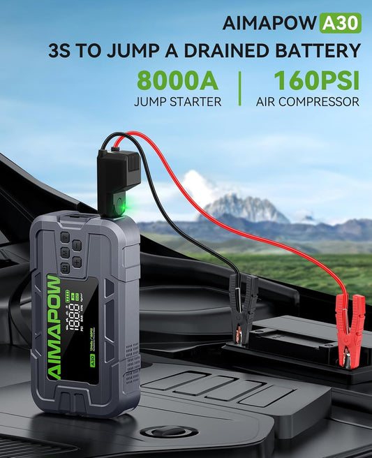 Car Battery Jump Starter with Air Compressor 8000A 160PSI, Jump Starter Portable (All Gas/12L Diesel), 12V Car Jump Starter with Inflator, Jump Box Quick Charge and 270°LED Light