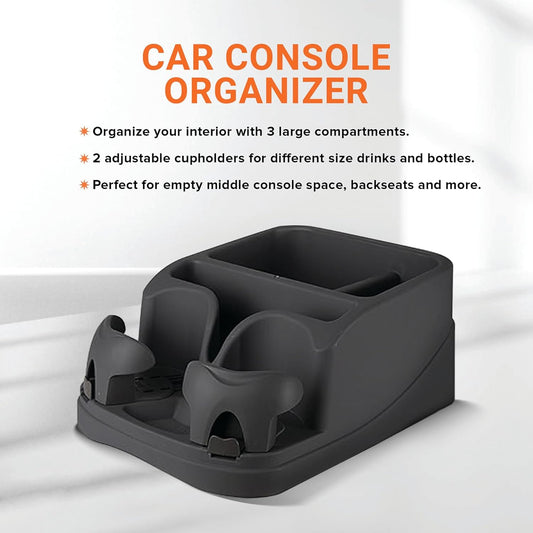 Armor All Car Console Organizer, Car Seat Organizer with 2 Adjustable Cup Holders, 3 Large Storage Compartments, Seatbelt for Secure Hold, Vehicle Middle Seat Organizer for Cars, Trucks, Minivans