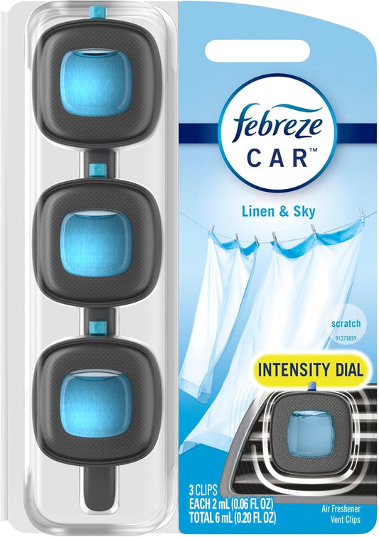 Febreze Car Odor-Fighting Car Freshener Vent Clip Linen & Sky, 0.06 fl oz, 3 Ct Pack of 2