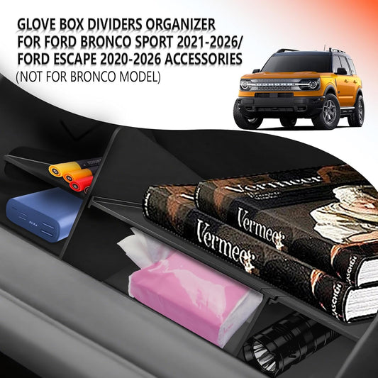 Upgrade Glove Box Dividers Organizer for Ford Bronco Sport 2021-2026/Ford Escape 2020-2026 Accessories,Car Glove Box Organizer Divide Space ABS Storage Classification Accessories(Not Fit Bronco Model)