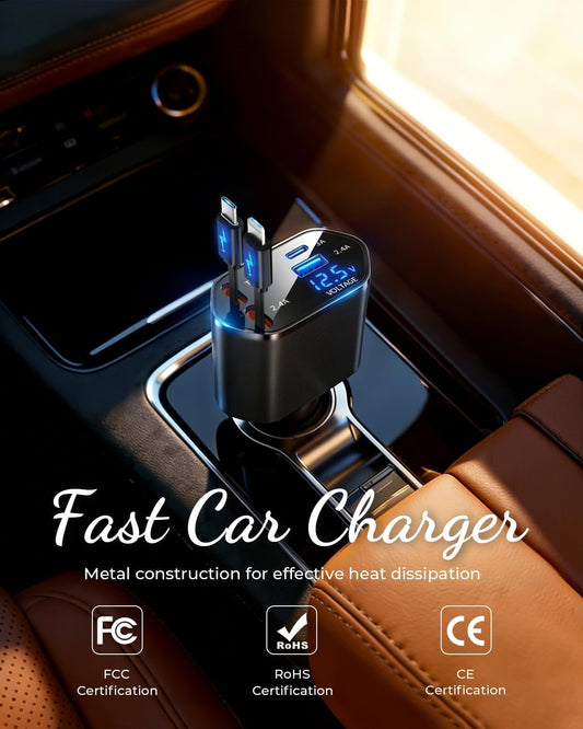 BERTHALESS Retractable Car Charger, 4 in 1 Fast Charging Car Charger with USB-C & USB-A, Compatible with iPhone 17/16/15/14/13/12/11,Galaxy,Pixel,Car Accessories Gifts for Fathers Day,Husband,Men,Dad