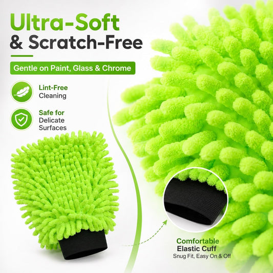 2PK Chenille Microfiber Car Wash Mitt – Ultra-Soft, Scratch-Free, Highly Absorbent Wash Mitts for Car Washing & Detailing, Lint-Free with Rich Foam (8.27" x 6.3")