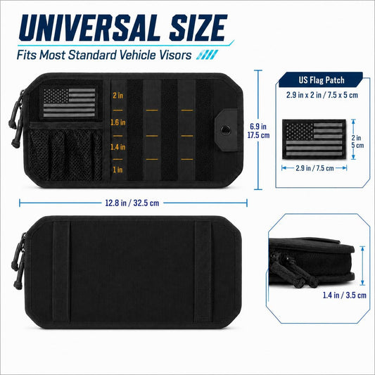 MOLLE Car Sun Visor Organizer with Semi-Rigid Panel, Zipper Storage Pouch & Glasses Holder, Adjustable Straps for Police Gear, Overland Accessories, Fits Most Cars, Trucks, SUVs, Jeeps,Pickups
