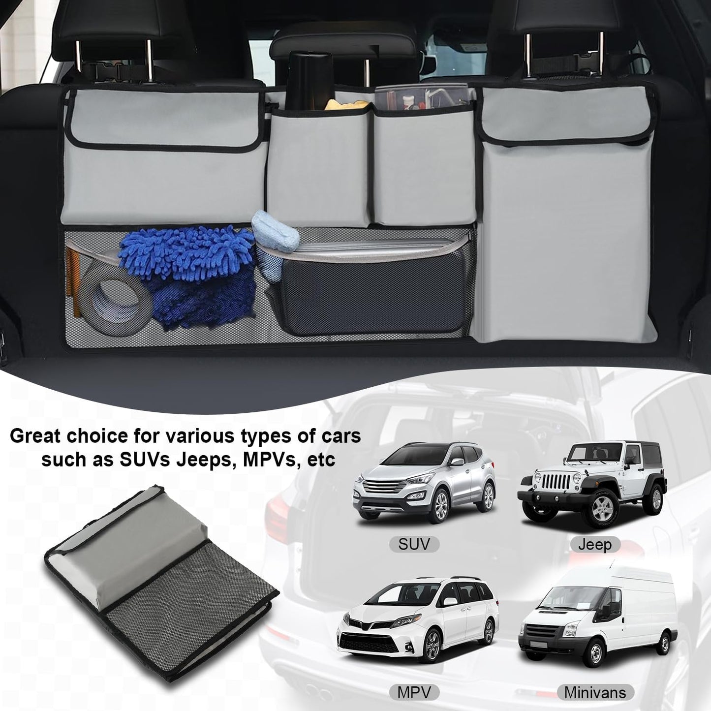 UYYE Trunk Hanging Organizer, Backseat Bag, Car Interior Accessories with 4 Pockets & 2 Mesh Pouches for Groceries, Will Provide More Storage Trunk Space for SUV, Jeep, MPVs